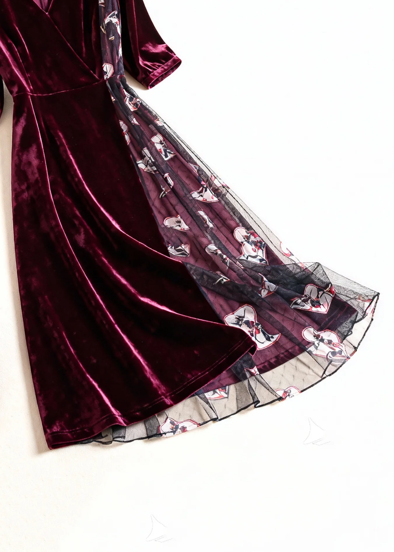 Women Wine Red Print Tulle Patchwork Silk Velvet Dress Summer - Image 5