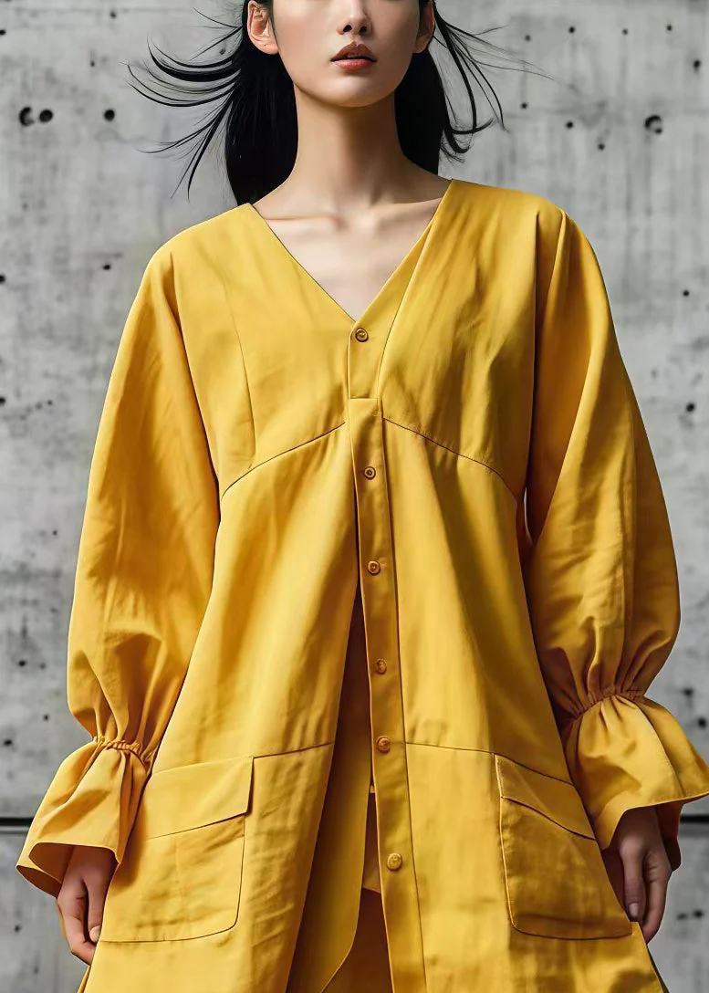 Women Yellow Asymmetrical Design Cotton Shirt Dresses Fall - Image 2