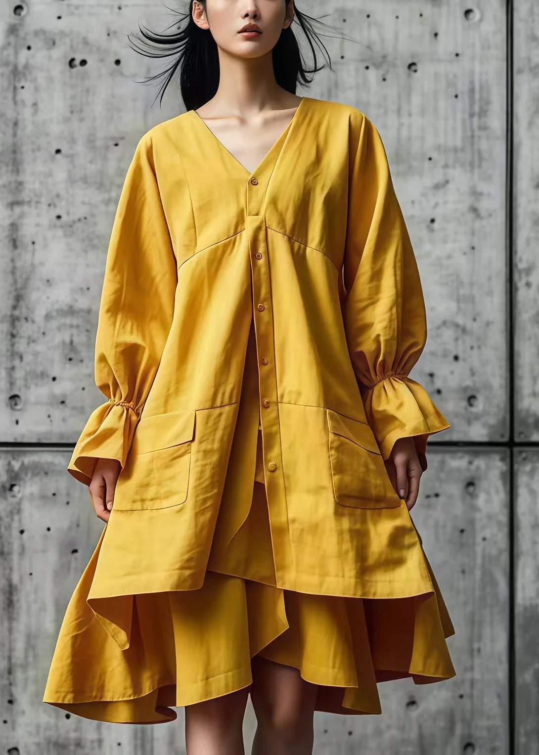 Women Yellow Asymmetrical Design Cotton Shirt Dresses Fall - Image 3