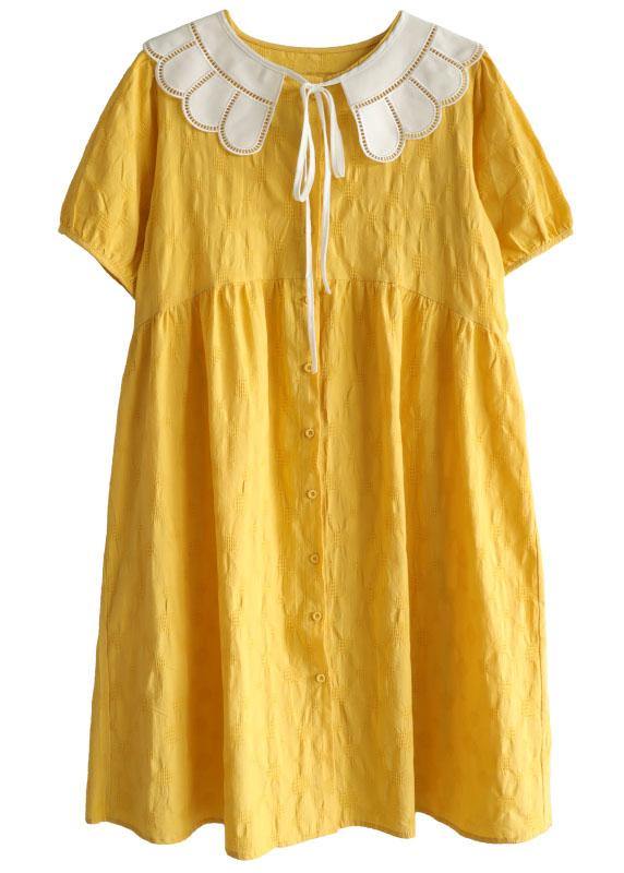 Women Yellow Button Patchwork Summer Cotton Short Sleeve Dress - Image 5
