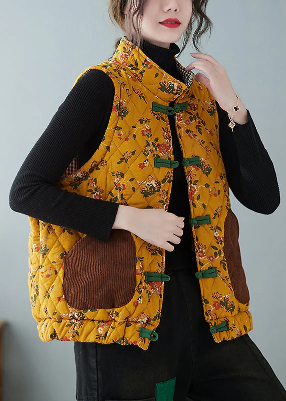 Women Yellow Chinese Button Print Pockets Cotton Filled Waistcoat Spring - Image 3