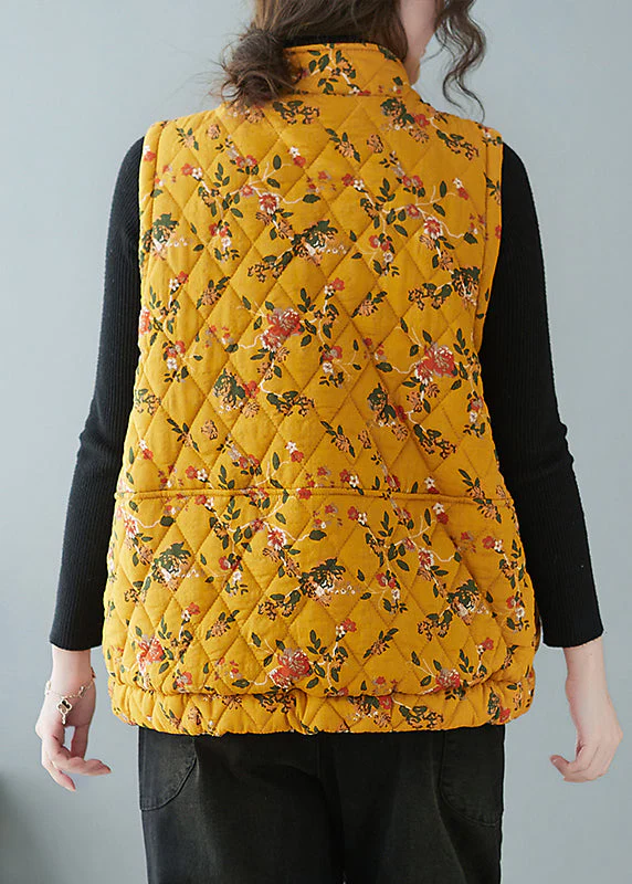 Women Yellow Chinese Button Print Pockets Cotton Filled Waistcoat Spring - Image 4