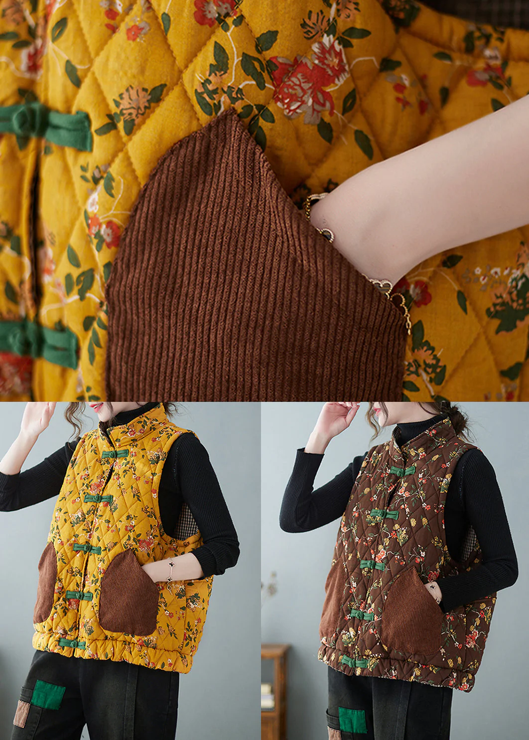 Women Yellow Chinese Button Print Pockets Cotton Filled Waistcoat Spring - Image 5