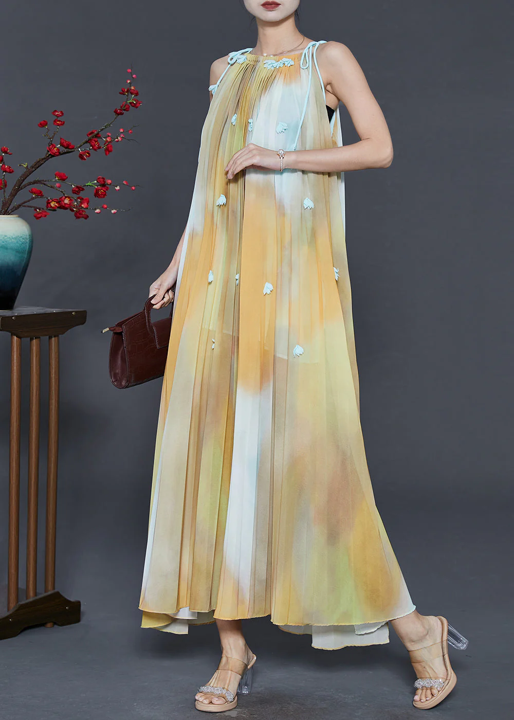 Women Yellow Cold Shoulder Tie Dye Chiffon Beach Dress Summer - Image 2