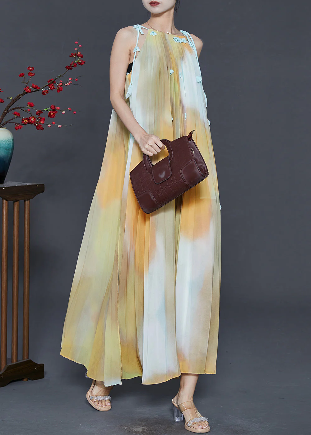 Women Yellow Cold Shoulder Tie Dye Chiffon Beach Dress Summer - Image 3
