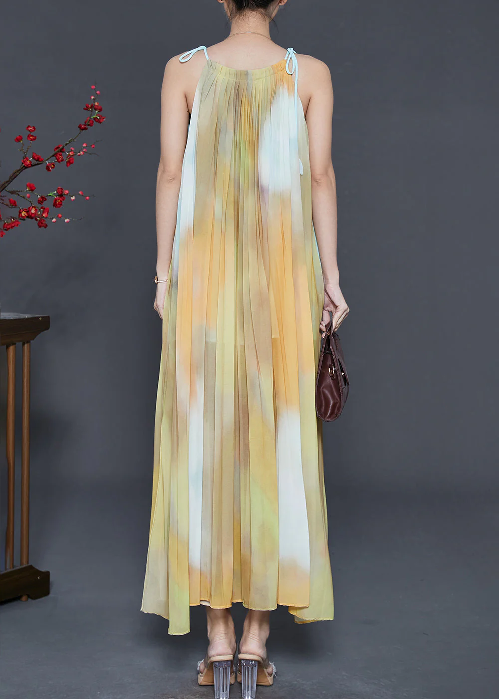 Women Yellow Cold Shoulder Tie Dye Chiffon Beach Dress Summer - Image 4
