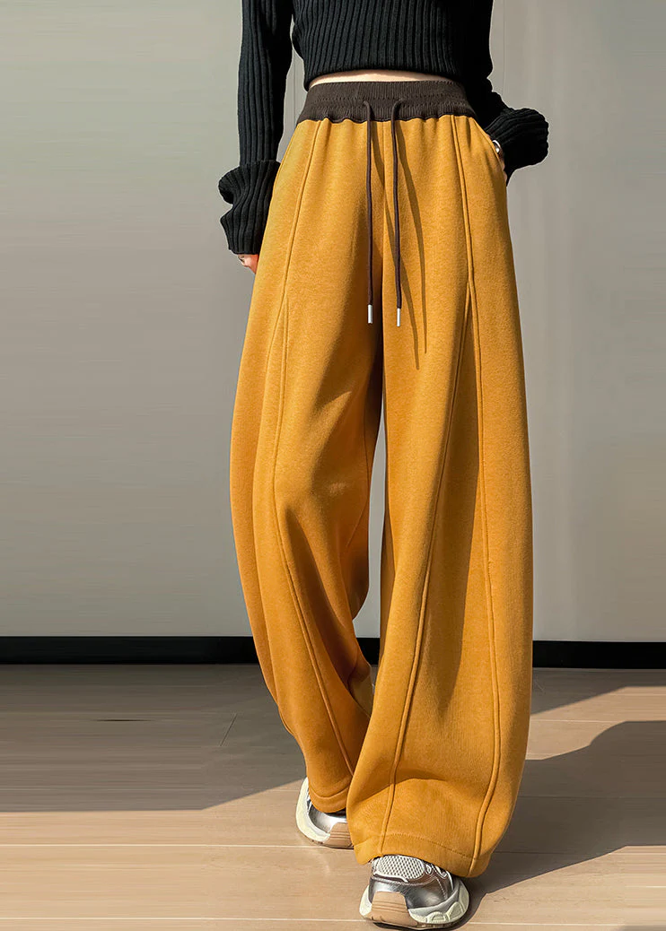 Women Yellow Elastic Waist Patchwork Warm Fleece Pants Winter - Image 2