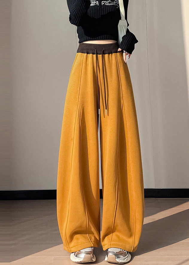 Women Yellow Elastic Waist Patchwork Warm Fleece Pants Winter - Image 3