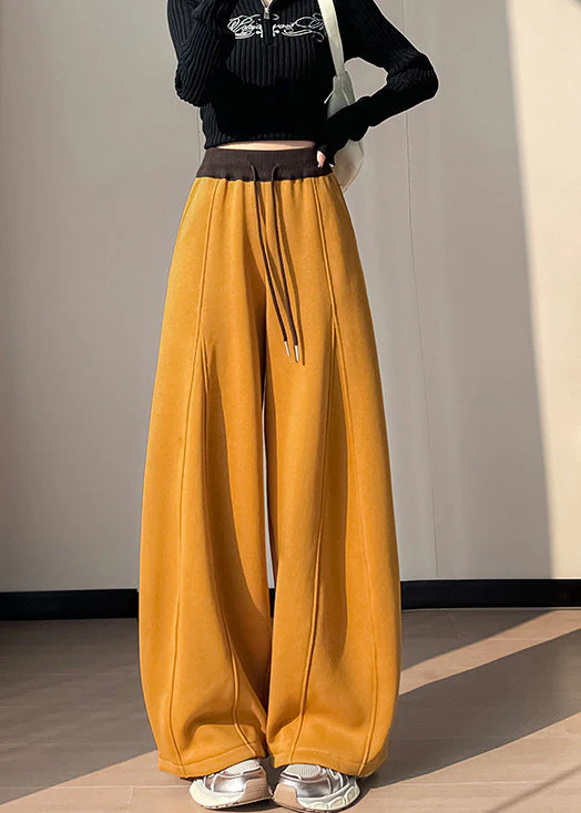 Women Yellow Elastic Waist Patchwork Warm Fleece Pants Winter - Image 4