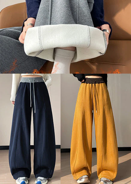 Women Yellow Elastic Waist Patchwork Warm Fleece Pants Winter - Image 5