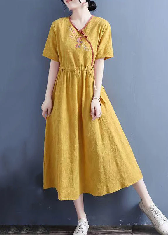 Women Yellow Embroidered Lace Up Linen Dresses Summer - Image 3