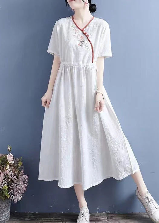 Women Yellow Embroidered Lace Up Linen Dresses Summer - Image 4