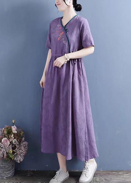 Women Yellow Embroidered Lace Up Linen Dresses Summer - Image 5