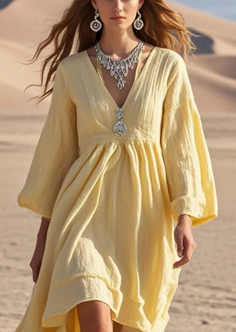 Women Yellow Exra Large Hem Cotton Holiday Dress Spring - Image 2