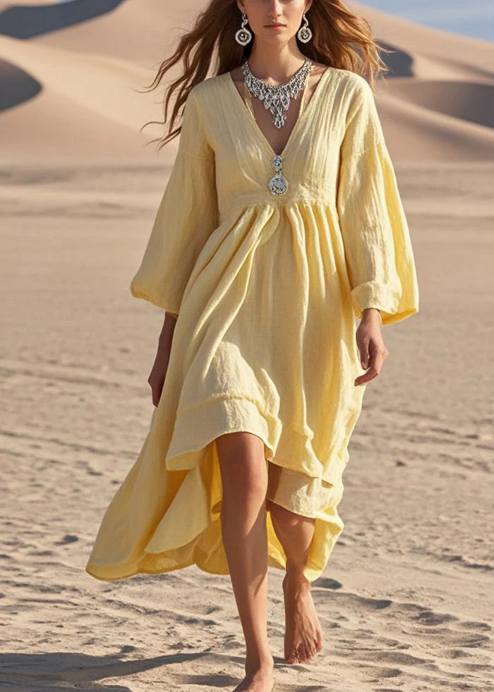 Women Yellow Exra Large Hem Cotton Holiday Dress Spring - Image 5