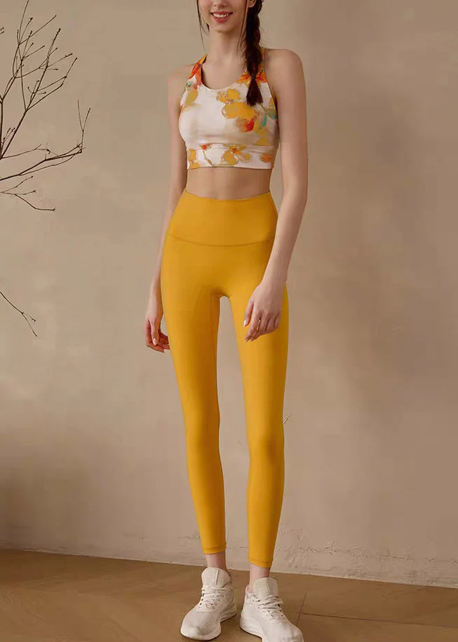 Women Yellow High Waist Print Sports Bra And Leggings Set Suit Gym Shark Leggings