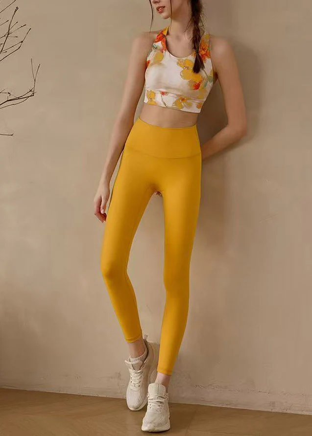 Women Yellow High Waist Print Sports Bra And Leggings Set Suit Gym Shark Leggings - Image 3