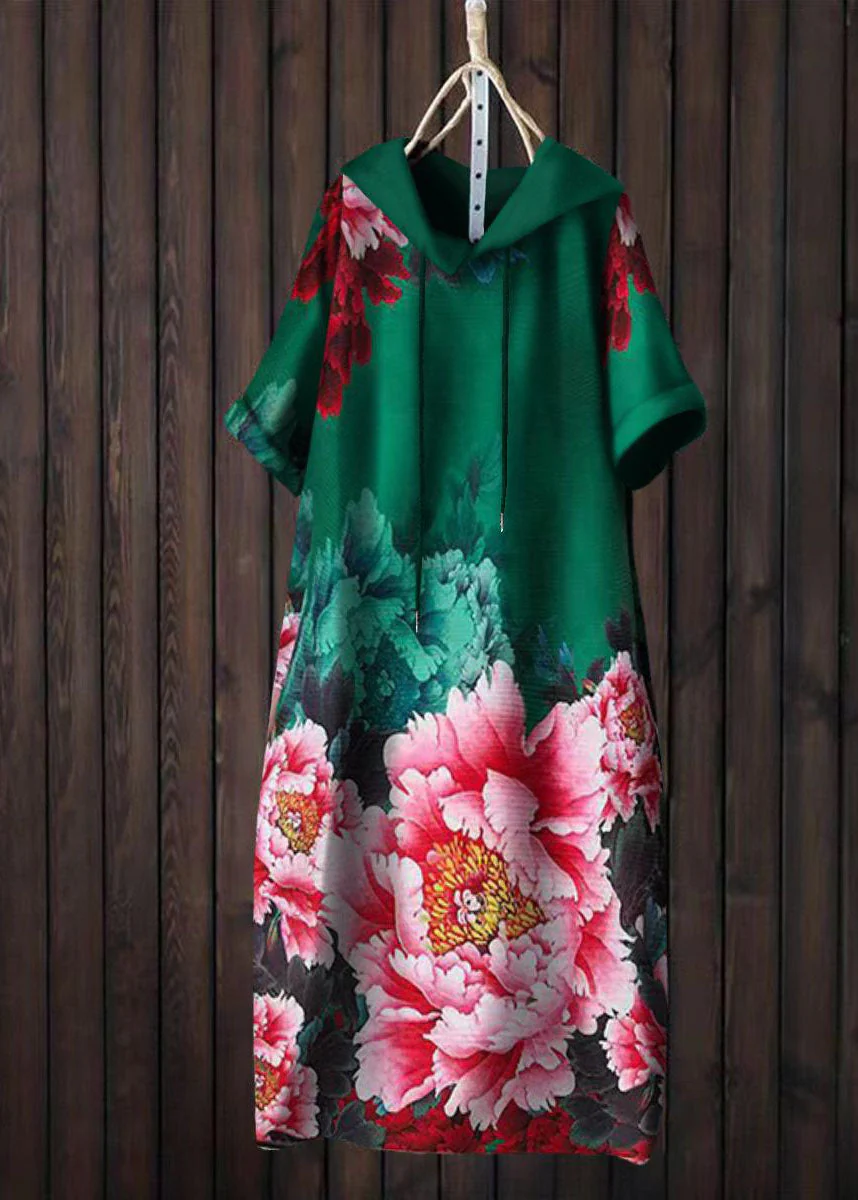 Women Yellow Hooded Print Patchwork Cotton T Shirt Dress Summer - Image 2