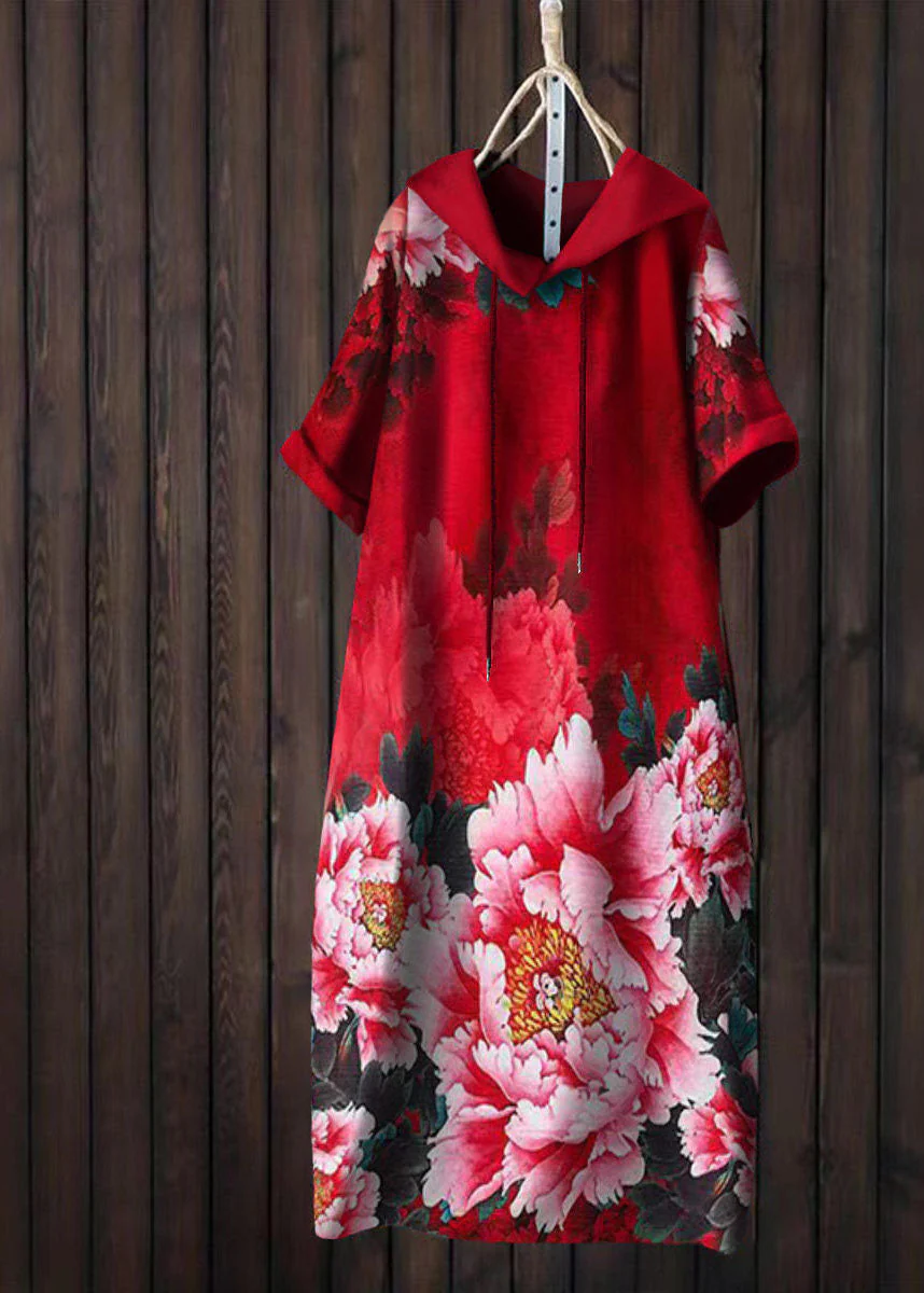 Women Yellow Hooded Print Patchwork Cotton T Shirt Dress Summer - Image 4