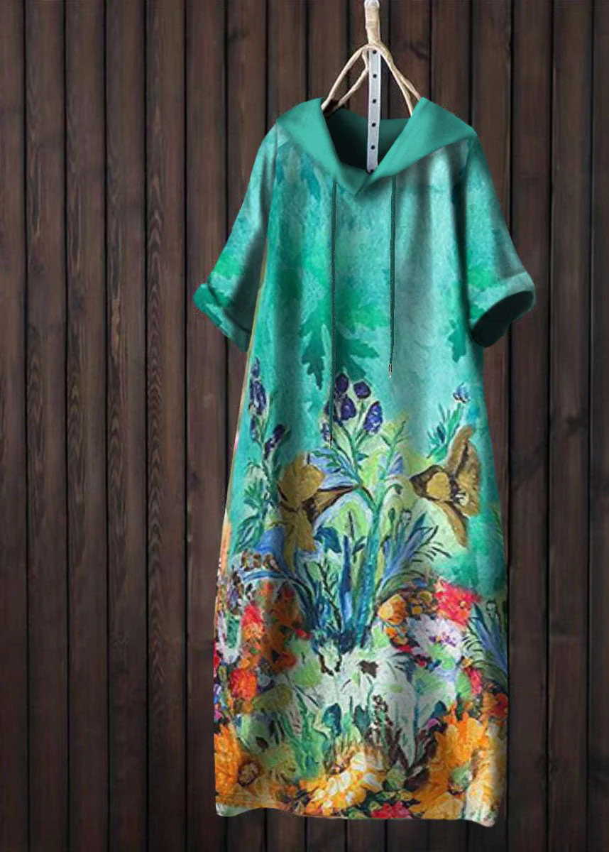 Women Yellow Hooded Print Patchwork Cotton T Shirt Dress Summer - Image 5