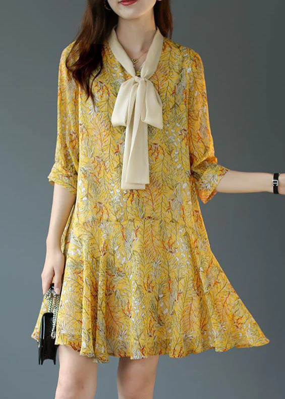 Women Yellow Lace Up Patchwork Print Chiffon Party Dress Summer - Image 2