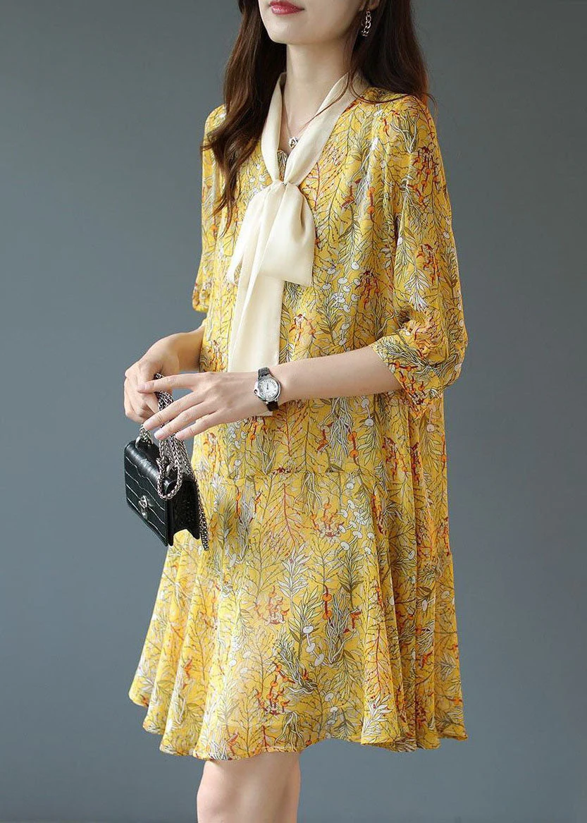Women Yellow Lace Up Patchwork Print Chiffon Party Dress Summer - Image 3
