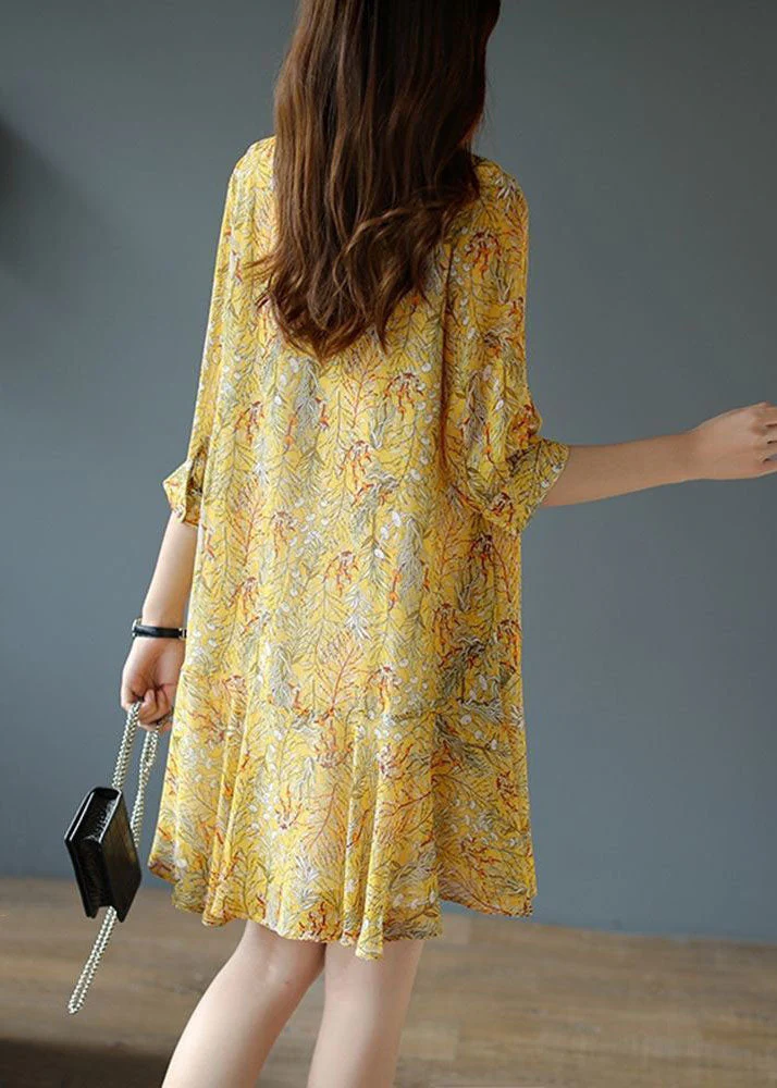 Women Yellow Lace Up Patchwork Print Chiffon Party Dress Summer - Image 4