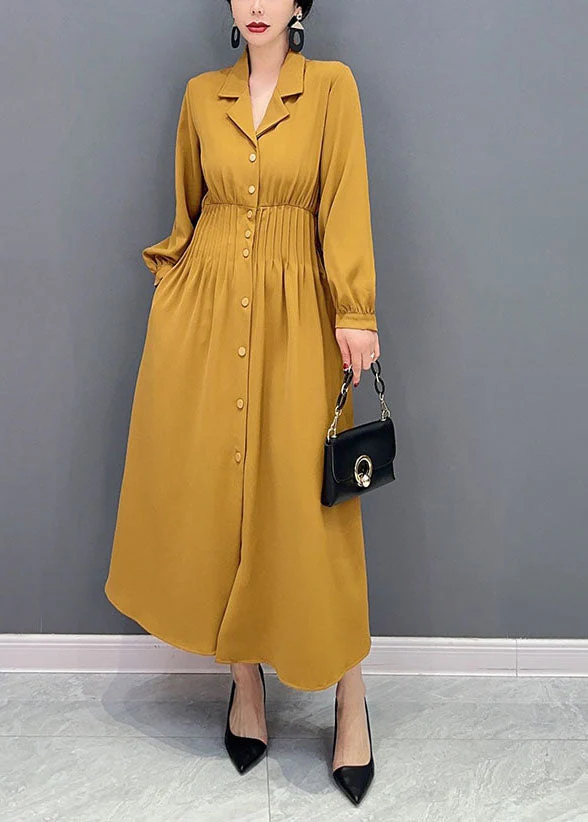 Women Yellow Notched Elastic Waist Wrinkled Spandex Long Dress Spring - Image 2