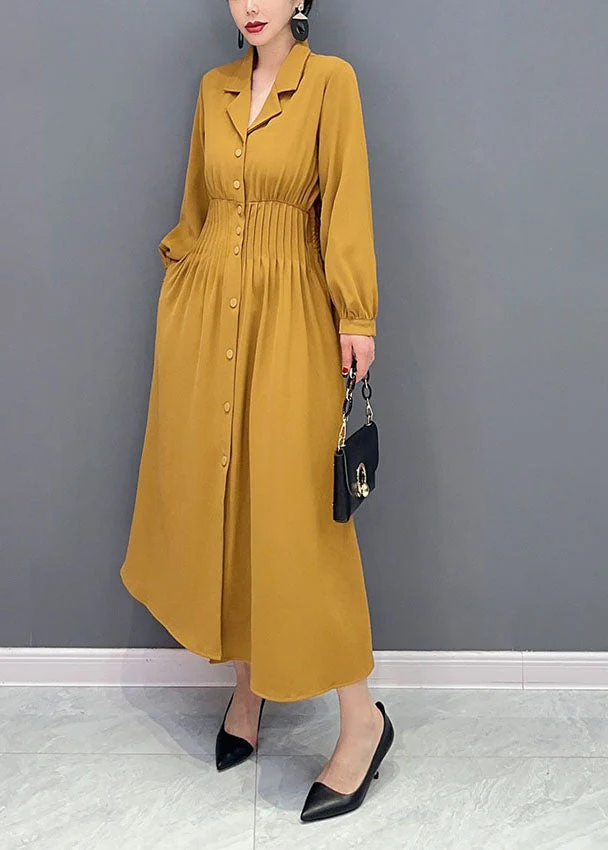 Women Yellow Notched Elastic Waist Wrinkled Spandex Long Dress Spring - Image 3
