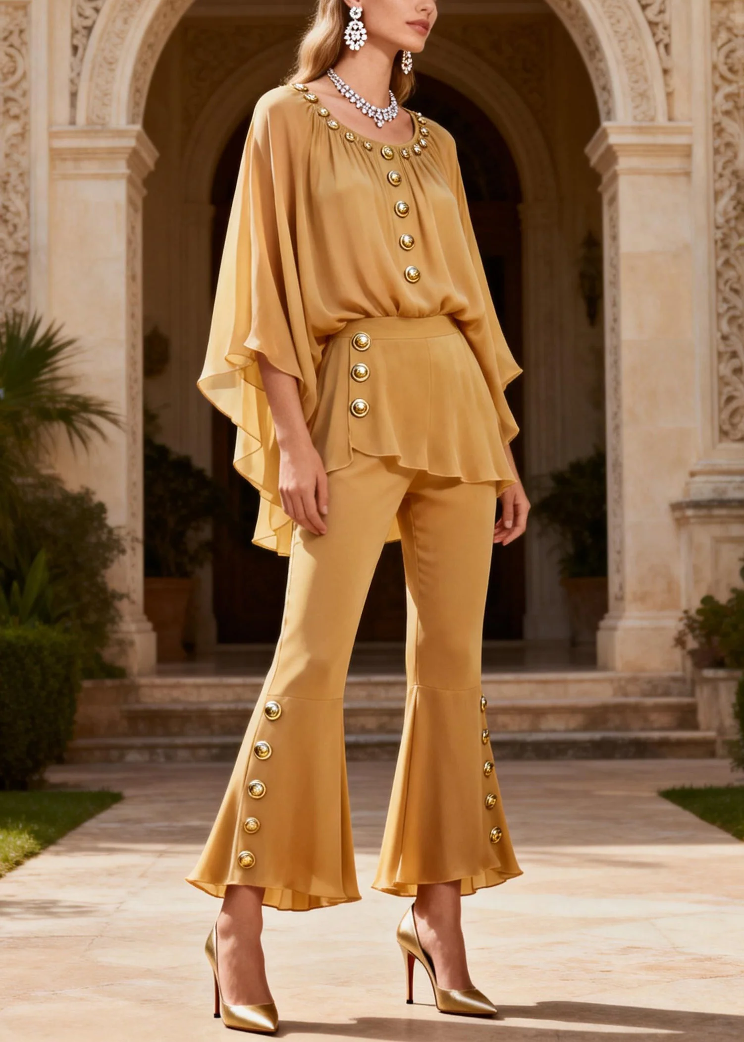 Women Yellow O Neck Button Patchwork Silk Two Pieces Set Summer - Image 3