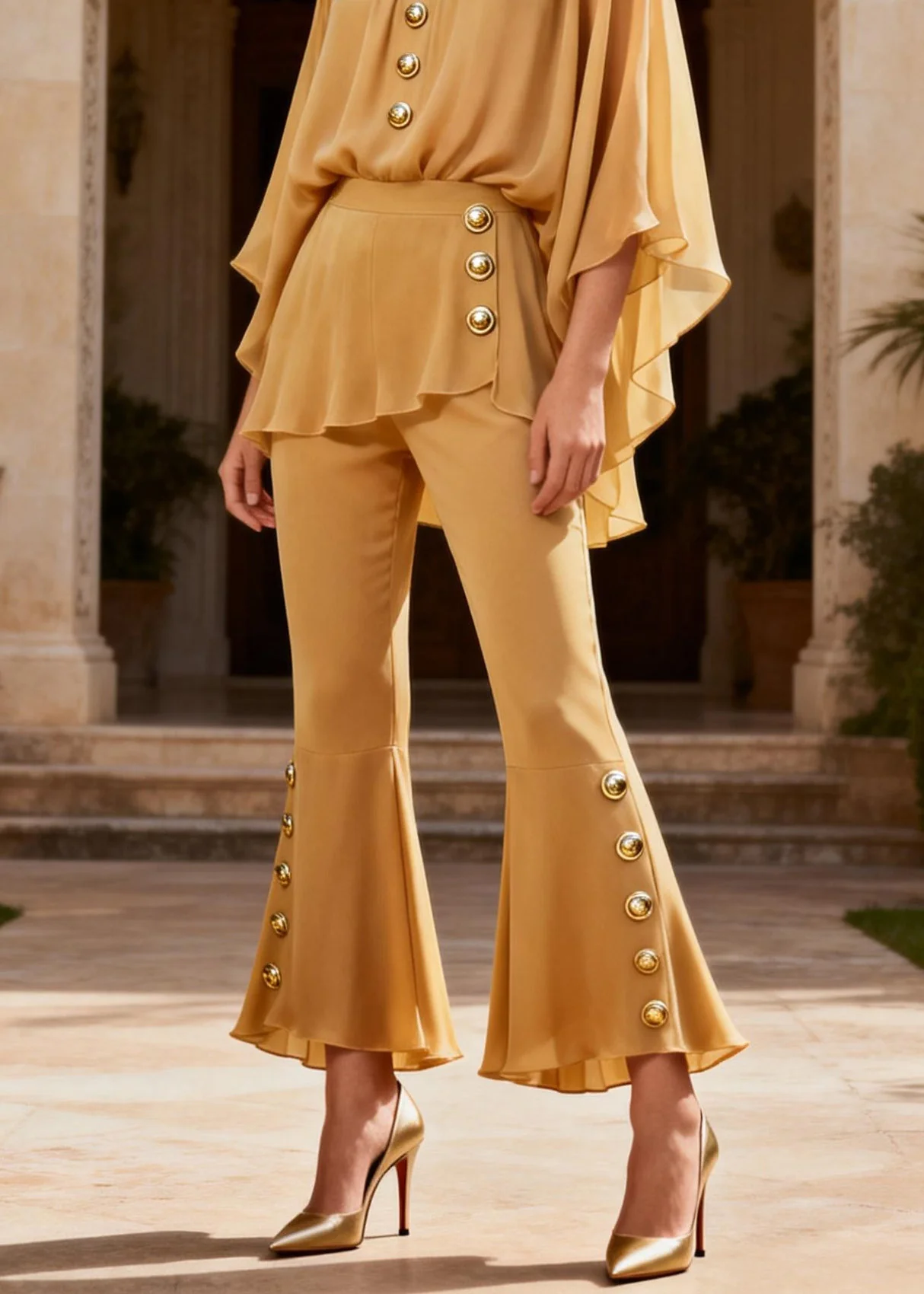 Women Yellow O Neck Button Patchwork Silk Two Pieces Set Summer - Image 4