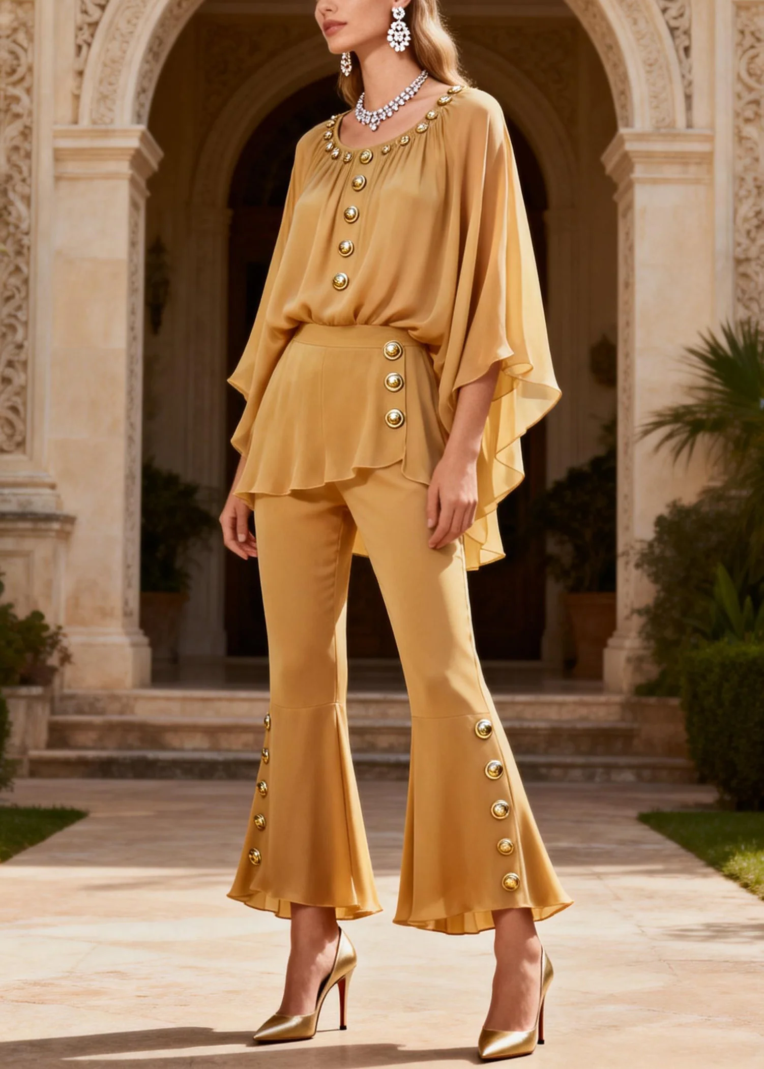 Women Yellow O Neck Button Patchwork Silk Two Pieces Set Summer - Image 5