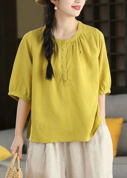 Women Yellow O-Neck Embroidered Cotton Shirt Top Summer - Image 2