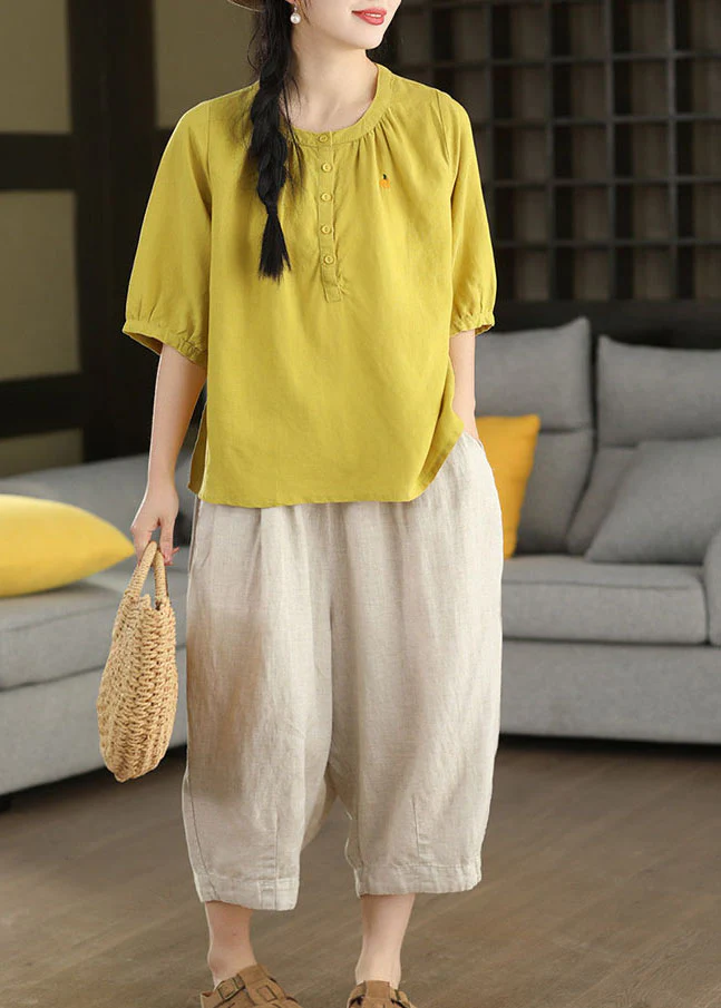 Women Yellow O-Neck Embroidered Cotton Shirt Top Summer - Image 3