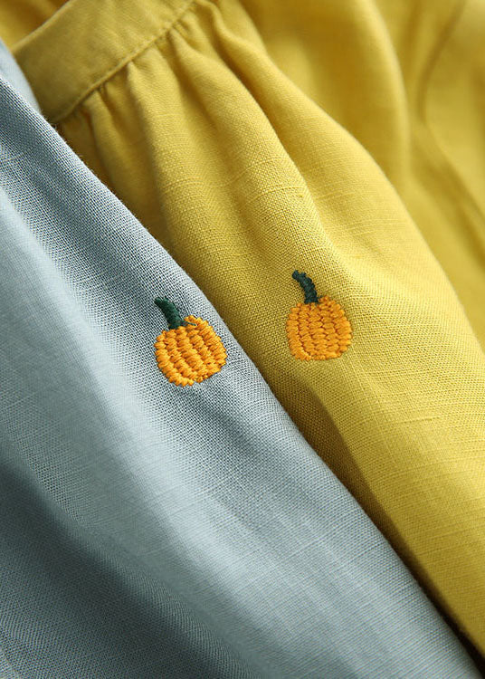Women Yellow O-Neck Embroidered Cotton Shirt Top Summer - Image 4