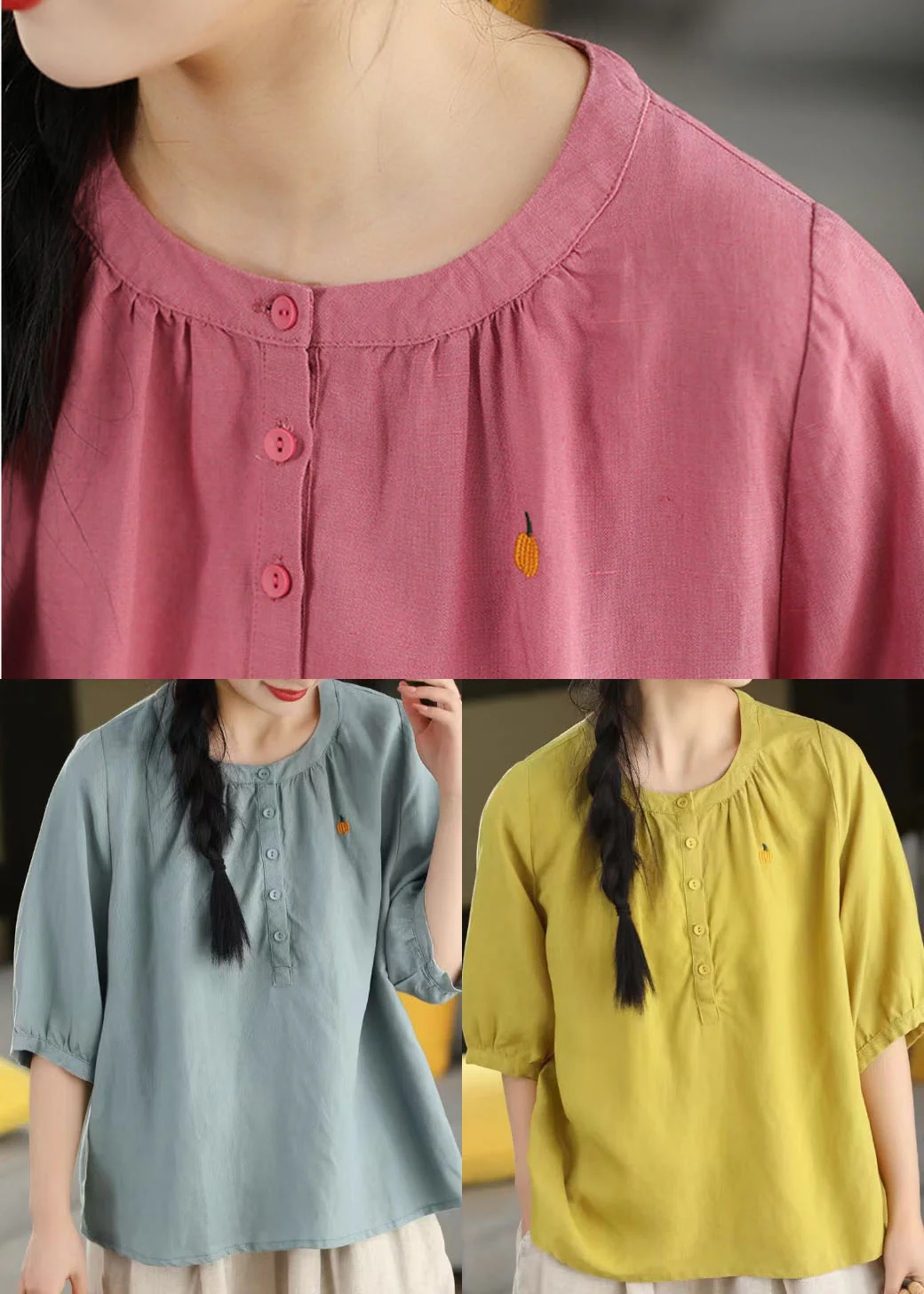 Women Yellow O-Neck Embroidered Cotton Shirt Top Summer - Image 5