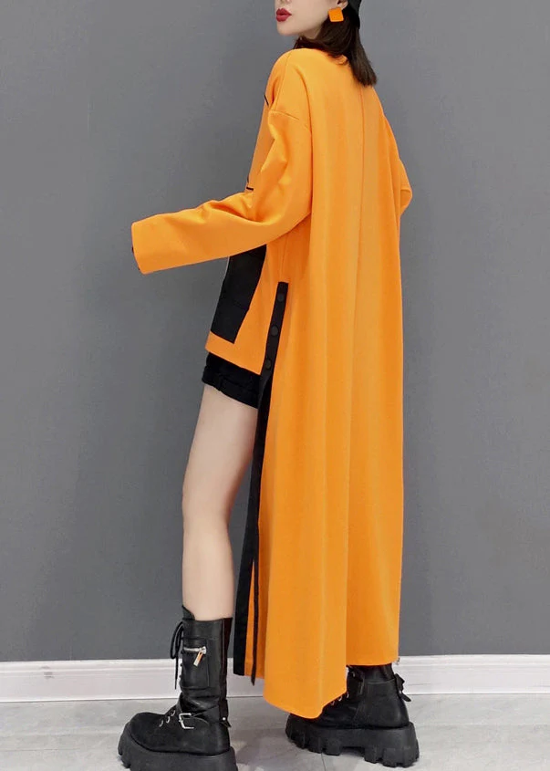 Women Yellow O Neck Low High Design Patchwork Cotton Dress Fall - Image 5