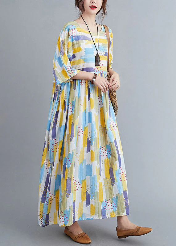 Women Yellow O-Neck Print Long Dress Spring - Image 2