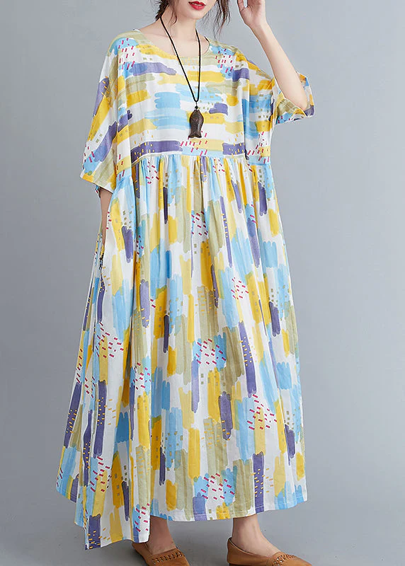 Women Yellow O-Neck Print Long Dress Spring - Image 3