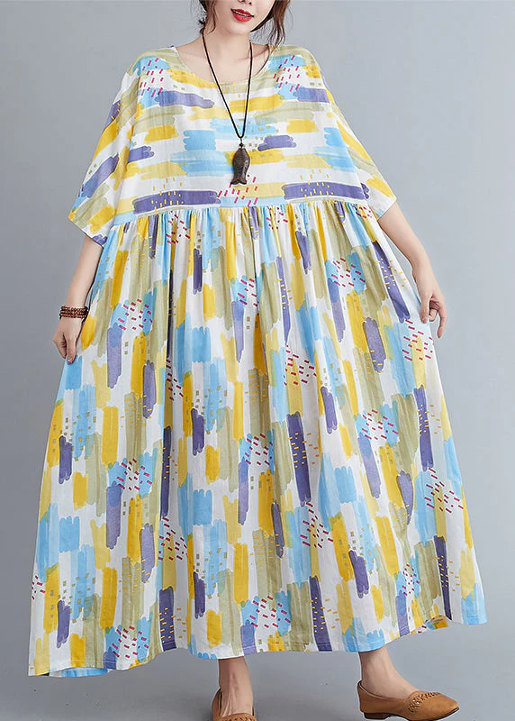 Women Yellow O-Neck Print Long Dress Spring - Image 4