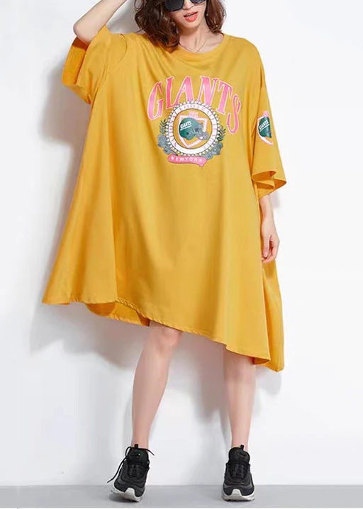 Women Yellow O Neck Print Patchwork Cotton Mid Dress Summer - Image 2