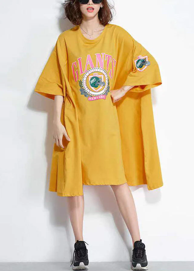 Women Yellow O Neck Print Patchwork Cotton Mid Dress Summer - Image 3
