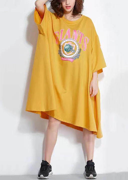 Women Yellow O Neck Print Patchwork Cotton Mid Dress Summer - Image 4