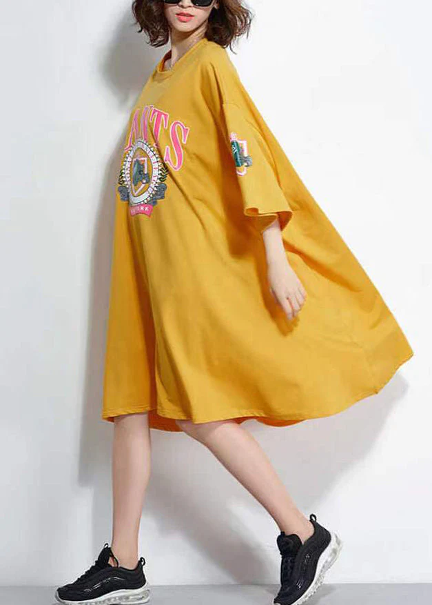 Women Yellow O Neck Print Patchwork Cotton Mid Dress Summer - Image 5