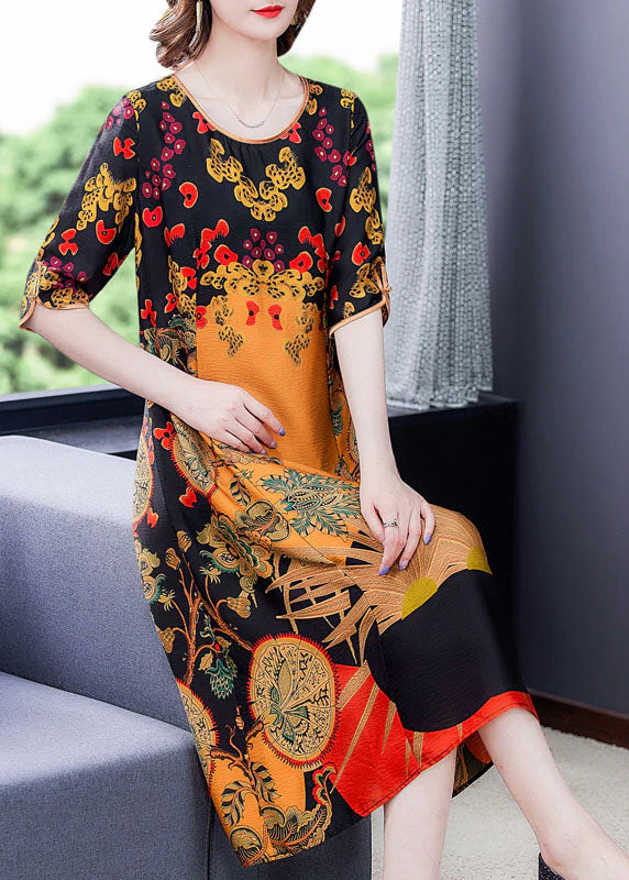 Women Yellow O-Neck Print Silk Women's Dress Half Sleeve - Image 2
