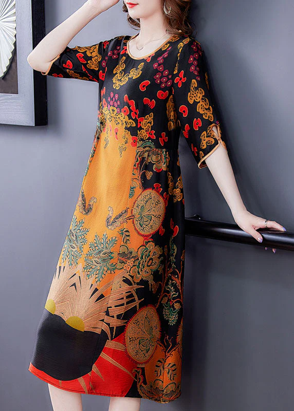 Women Yellow O-Neck Print Silk Women's Dress Half Sleeve - Image 3