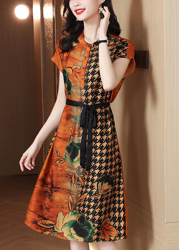 Women Yellow O-Neck Print Tie Waist Chiffon Shirt Dress Short Sleeve - Image 2