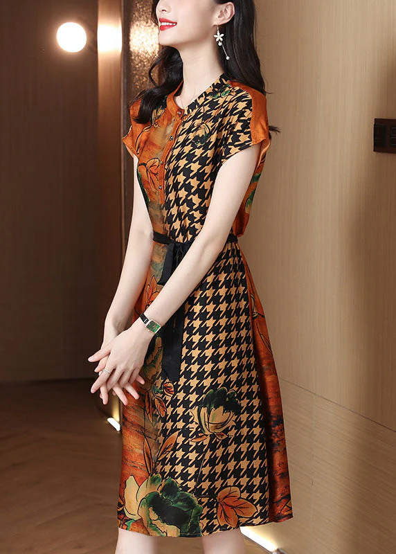 Women Yellow O-Neck Print Tie Waist Chiffon Shirt Dress Short Sleeve - Image 3