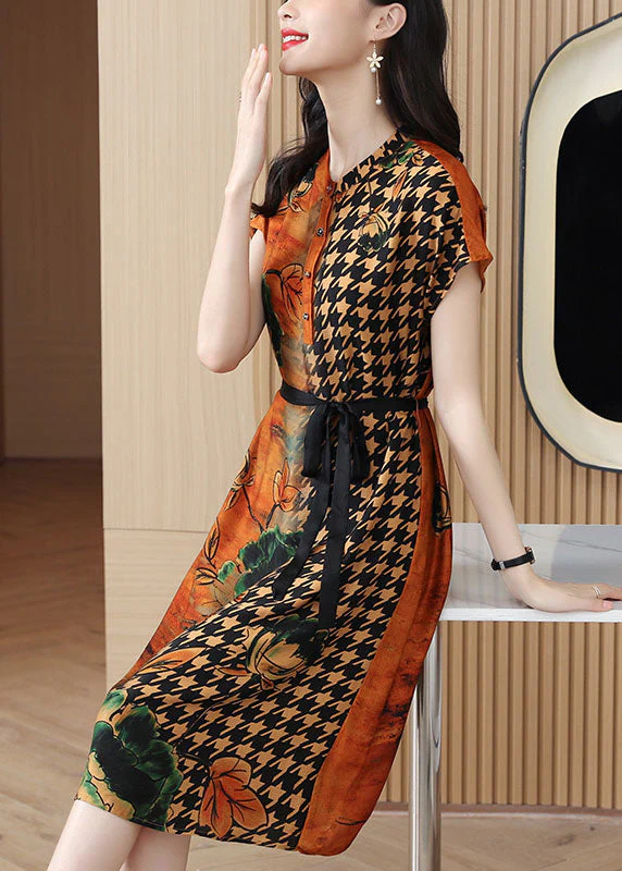 Women Yellow O-Neck Print Tie Waist Chiffon Shirt Dress Short Sleeve - Image 4