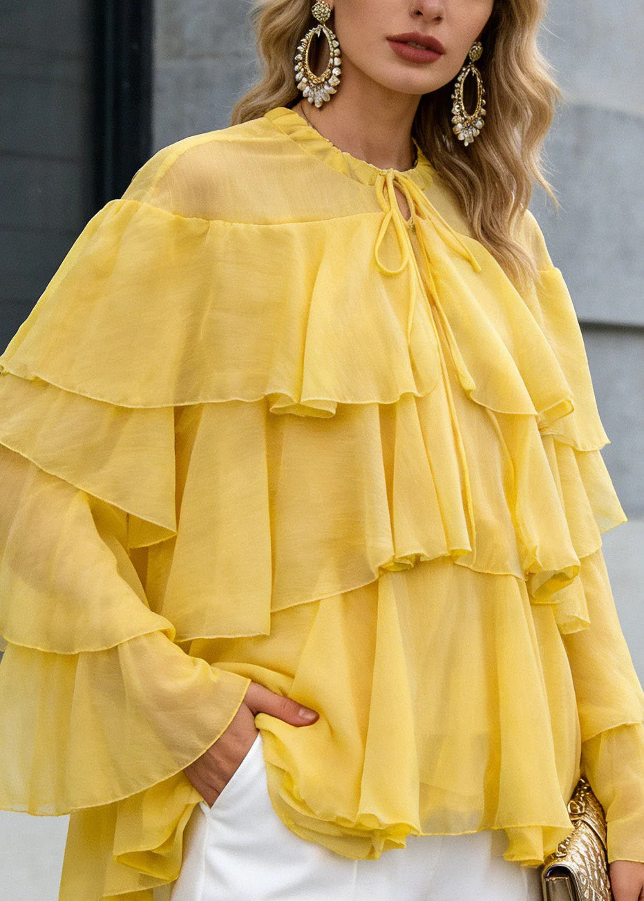 Women Yellow O Neck Ruffled Patchwork Chiffon Tops Spring - Image 2